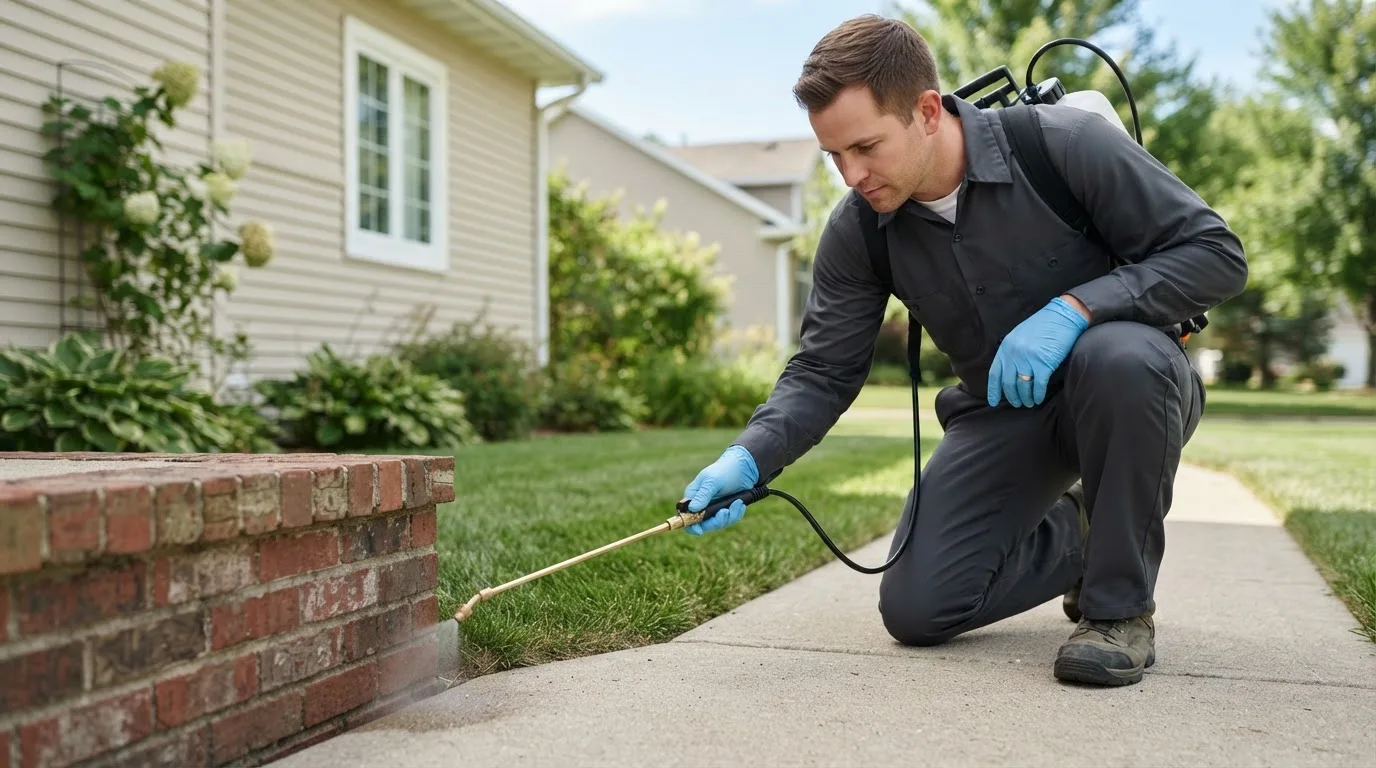 Pest control technician treating a home near Caledonia, NY